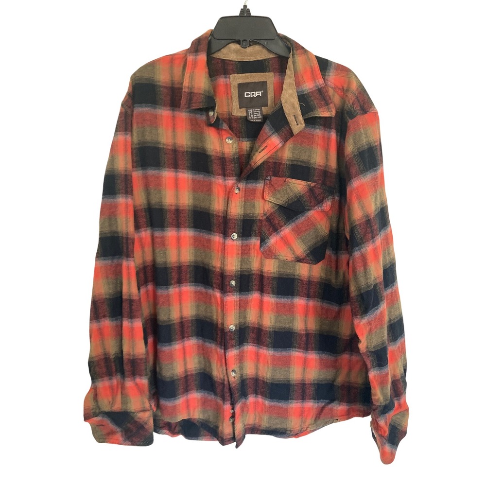 CQR Mens XL Flannel Shirt Orange Black Plaid Corduroy Trim Cotton Workwear Shirt